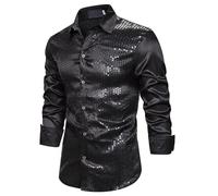 Camicia da discoteca, da uomo, lucida, slim fit, in raso, a maniche lunghe, con brillantini, a maniche lunghe, per il tempo libero, per feste, carnevale, con paillette, colletto rovesciato, O nero