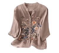 Camicia da donna a maniche a 3/4, elegante, vintage, ricamata, in lino, con scollo a V, casual, in lino, in cotone, stile folklorico, leggera, cachi, XXL