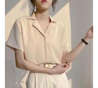 Camicia da donna a maniche corte, casual, cardigan, camicetta, tinta unita, in poliestere, per primavera estate, abbigliamento quotidiano, moda da strada, stile retrò, bianco, albicocca, rosso mattone