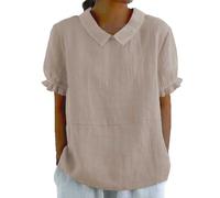 Camicia da donna a maniche corte con volant, in lino, camicia estiva con colletto Peter Pan, camicetta elegante, tinta unita, leggera, traspirante, in lino, stile retrò, da donna, cachi, S