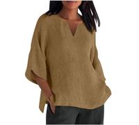 Camicia da donna a maniche corte in lino, con scollo a V, casual, in mussola, alla moda, leggera, in lino, estiva, casual, in lino, marrone, L