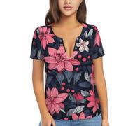 Camicia da donna a maniche corte in tessuto morbido per lo shopping e i | Fiori rosa e frutti variopinti stampati tessuto molle a maniche corte delle donne è adatto a comperare ed a viaggiare
