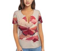 Camicia da donna a maniche corte in tessuto morbido per lo shopping e i | Il sole rosso e le ali rosse hanno stampato il tessuto molle a maniche corte delle donne è adatto per lo shopping ed il