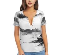 Camicia da donna a maniche corte in tessuto morbido per lo shopping e i | Il tessuto molle a maniche corte delle donne stampate montagna dell'inchiostro dell'acqua è adatto a comperare ed a viaggiare