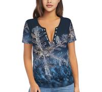 Camicia da donna a maniche corte in tessuto morbido per lo shopping e i | Il tessuto molle a maniche corte delle donne stampato modello del fiocco di neve è adatto per lo shopping ed il viaggio