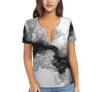 Camicia da donna a maniche corte in tessuto morbido per lo shopping e i | Il tessuto molle a maniche corte delle donne stampate inchiostro bianco e nero è adatto a comperare ed a viaggiare