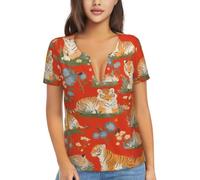 Camicia da donna a maniche corte in tessuto morbido per lo shopping e i | La testa rossa della tigre ha stampato il tessuto molle a maniche corte delle donne è adatto per lo shopping ed il viaggio