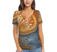 Camicia da donna a maniche corte in tessuto morbido per lo shopping e i | Una tazza di caffè stampato tessuto morbido a maniche corte delle donne è adatto per lo shopping e il viaggio