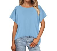 Camicia da donna a maniche corte in tinta unita, camicetta con maniche a pipistrello, maglietta oversize da donna, vestibilità larga, abbigliamento per la vita quotidiana, regali di Natale, blu cielo