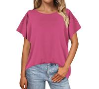 Camicia da donna a maniche corte in tinta unita, camicetta con maniche a pipistrello, maglietta oversize da donna, vestibilità larga, abbigliamento per la vita quotidiana, regali di Natale, Rosa
