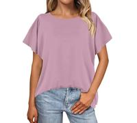 Camicia da donna a maniche corte in tinta unita, camicetta con maniche a pipistrello, maglietta oversize da donna, vestibilità larga, abbigliamento per la vita quotidiana, regali di Natale, rosa, L