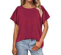 Camicia da donna a maniche corte in tinta unita, camicetta con maniche a pipistrello, maglietta oversize da donna, vestibilità larga, abbigliamento per la vita quotidiana, regali di Natale, vino, L
