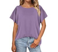Camicia da donna a maniche corte in tinta unita, camicetta con maniche a pipistrello, maglietta oversize da donna, vestibilità larga, abbigliamento per la vita quotidiana, regali di Natale, Viola, L