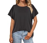 Camicia da donna a maniche corte in tinta unita, camicetta con maniche a pipistrello, maglietta oversize da donna, vestibilità larga, abbigliamento per la vita quotidiana, regali di Natale, Nero , L