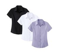 Camicia da donna a maniche corte, senza stiratura, senza stiro, da donna, camicetta con bottone top vestito, camicetta per ufficio, affari, top basic, tinta unita, top 3 pezzi, K, XXXL