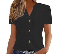 Camicia da donna a maniche corte, vestibilità regolare, tinta unita, primavera/estate, stazione di confine europea e americana, alla moda, casual, tinta unita, scollo a V, vestiti corti per la vita