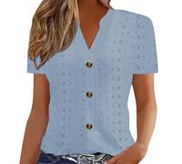 Camicia da donna a maniche corte, vestibilità regolare, tinta unita, primavera/estate, stazione di confine europea e americana, alla moda, casual, tinta unita, scollo a V, vestiti corti per la vita