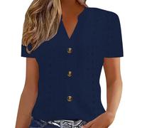 Camicia da donna a maniche corte, vestibilità regolare, tinta unita, primavera/estate, stazione di confine europea e americana, alla moda, casual, tinta unita, scollo a V, vestiti corti per la vita