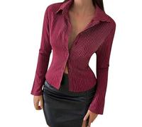 Camicia da donna a maniche lunghe, a righe, con scollo a V, in cotone, elegante, casual, per ufficio, basic slim fit