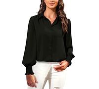 Camicia da donna a maniche lunghe, con bottoni, polsini elastici, maniche a tromba, casual, semplice, sexy da donna, Nero , M