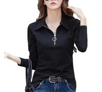 Camicia da donna a maniche lunghe con colletto a polo, in cotone, con cerniera rovesciata, casual, formale, Nero , L