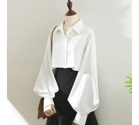 Camicia da donna a maniche lunghe con colletto a revers e maniche a lanterna uniche, design traspirante e in tinta unita con leggera elasticità per una vestibilità comoda (XXL bianco)