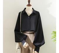 Camicia da donna a maniche lunghe con colletto a revers e maniche a lanterna uniche, design traspirante e tinta unita con leggera elasticità per una vestibilità comoda (L è nera)