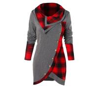Camicia da donna a maniche lunghe con scollo ad anello, motivo scozzese con bottoni e orlo asimmetrico, stile casual, per tutte le stagioni, 1b-grigio, M