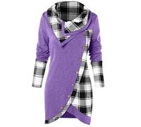 Camicia da donna a maniche lunghe con scollo ad anello, motivo scozzese con bottoni e orlo asimmetrico, stile casual, per tutte le stagioni, 1a-viola, M