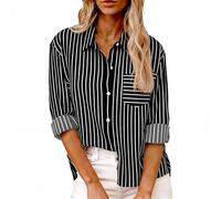Camicia da donna a maniche lunghe, oversize, estiva, a maniche lunghe, in cotone, a righe, con scollo a V, traspirante, con bottoni, elegante, camicetta estiva, Nero , 3XL