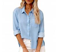 Camicia da donna a maniche lunghe, oversize, estiva, a maniche lunghe, in cotone, a righe, con scollo a V, traspirante, con bottoni, elegante, camicetta estiva, Azzurro, s