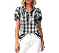 Camicia da donna a quadri, a maniche corte, con bottoni, scollo a V, casual, a righe, a quadretti, Nero a scacchi, S