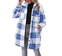 Camicia da donna a quadri, camicia di flanella a quadri, da donna, casual, alla moda, con bottoni, con tasche, cappotti oversize a maniche lunghe, antivento e caldo, cappotto monopetto leggero, Blu, L