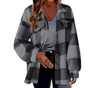 Camicia da donna a quadri: camicia in corduroy da donna, camicia a quadri, a maniche lunghe, con revers, Button Down, giacca per mezze stagioni, stile Boyfriend, giacca da boscaiolo, in lana, elegante