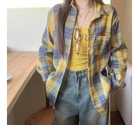 Camicia da donna a quadri di media lunghezza con risvolto a maniche lunghe, casual, per tutti i giorni, shopping, feste, street fashion (codice medio giallo blu)