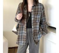 Camicia da donna a quadri di media lunghezza con risvolto a maniche lunghe, casual, per tutti i giorni, shopping, feste, street fashion (codice medio blu mare)