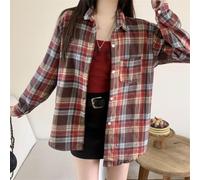 Camicia da donna a quadri di media lunghezza con risvolto a maniche lunghe, casual, per tutti i giorni, shopping, feste, street fashion (codice medio rosso)