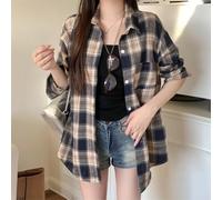 Camicia da donna a quadri di media lunghezza con risvolto a maniche lunghe, casual, per tutti i giorni, shopping, feste, street fashion (codice medio blu caffè)