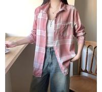 Camicia da donna a quadri di media lunghezza con risvolto a maniche lunghe, casual, per tutti i giorni, shopping, feste, street fashion (codice medio rosa bianco)