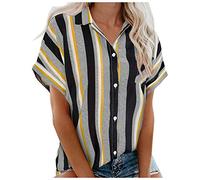 Camicia da donna a righe - Camicia da donna oversize elegante top estivo da donna, a maniche corte con bottoni in lino, camicetta lunga elegante, Nero , M