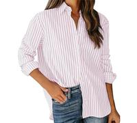 Camicia da donna alla moda a righe con stampa casuale a bottone, girocollo, a maniche lunghe, camicetta da yoga, Colore: rosa., S