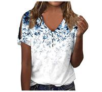 Camicia da donna alla moda, con bottoni, scollo a V, maglietta estiva a maniche corte, maglietta a tunica con spalle scoperte, maglietta con stampa floreale, maglione per feste, top per adolescenti,