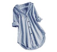 Camicia da donna alla moda con stampa a righe, a maniche lunghe, colletto rovesciato, maniche lunghe, con orlo irregolare, taglie S-5XL, Azzurro, S