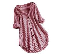 Camicia da donna alla moda con stampa a righe, a maniche lunghe, colletto rovesciato, maniche lunghe, con orlo irregolare, taglie S-5XL, Vino, XL