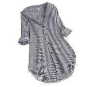 Camicia da donna alla moda con stampa a righe, a maniche lunghe, colletto rovesciato, maniche lunghe, con orlo irregolare, taglie S-5XL