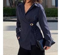 Camicia da donna blu navy a righe con incrocio - Elegante blusa con fiocco laterale a fibbia, maniche lunghe e colletto L,M,S,XL,XS,XXL,XXS,XXXL,XXXXLA strisceTessuto intrecciato