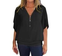 Camicia da donna casual a maniche corte da donna con scollo a V e cerniera allentata tinta unita lavoro ufficio t-shirt camicetta maglietta top, Nero , 4XL