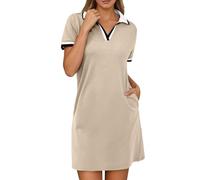 Camicia da donna casual abito a maniche corte scollo a v manica a righe abiti donna estate spiaggia abito estivo polo abiti con zip sport traspirante tennis golf vestito, beige, S