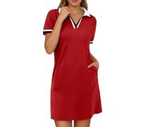 Camicia da donna casual abito a maniche corte scollo a v manica a righe abiti donna estate spiaggia abito estivo polo abiti con zip sport traspirante tennis golf vestito, Rosso 1, L