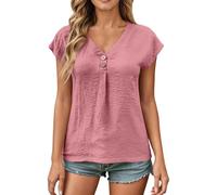 Camicia da donna casual combinata con scollo Henley, camicia a maniche corte con bottoni e struttura mélange | look rilassato per l'estate e il tempo libero, Stil_t05 rosa, 3XL